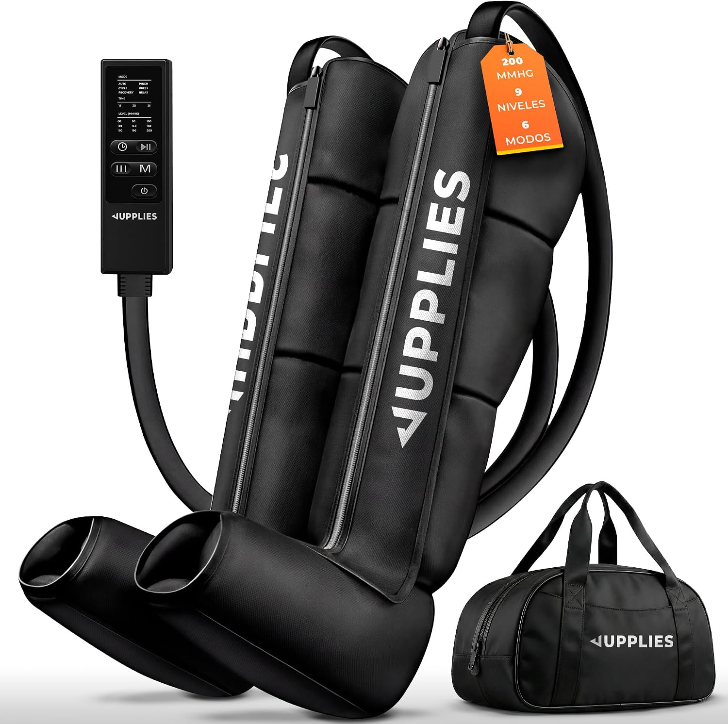 JUPPLIES Máquina Presoterapia para Casa con Botas - 6 Modos, 9 Niveles y Temporizador - Presoterapia Piernas Profesional para Drenaje Linfático, Circulación y Recuperación Muscular - con Bolsa (M)