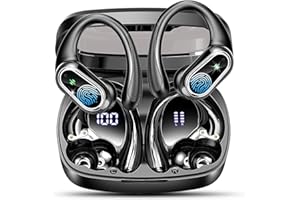 POOUNUR Ecouteurs Bluetooth Sans Fil Sport, Oreillette Bluetooth 5.3 Sans Fil Avec 4 Enc Mic, Ip7 Étanche Casque Avec Crochets D'oreille, 50H Écouteurs Avec Écran Led, Earbuds Hifi Stereo, Usb C, Noir