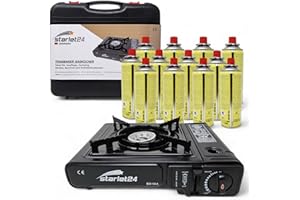 Fornello da campeggio compatto per esterni, alimentato a gas, Starlet24®, fornello da campeggio con 12 cartucce di gas
