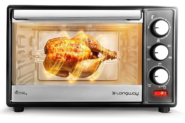 Longway Royal Plus OTG 28L Oven Toaster Griller with Illuminated Chamber, 360 °Motorized Rotisserie with Multiple Heating Modes for Baking Pizza Cake, Grilling Chicken & Toasting Bread (1500W, Silver)