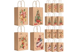 PARASTAR 12 torebek na prezenty bożonarodzeniowe z uchwytami, z 4 wzorami, torebki na prezenty na Boże Narodzenie, do pakowania prezentów i uroczystości bożonarodzeniowych (21 x 15 x 8 cm)