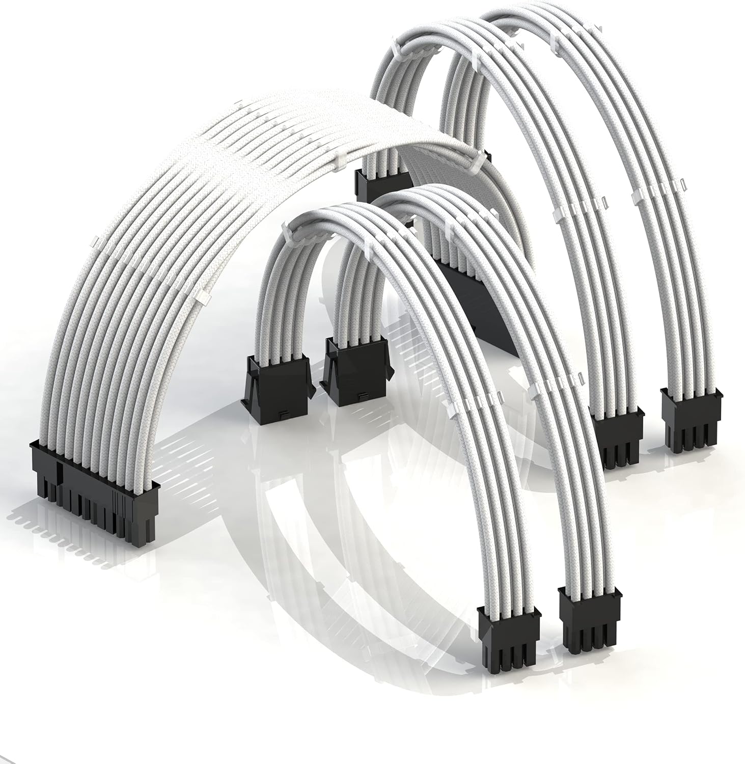 LINKUP - AVA 50cm PSU Cable Extension Sleeved Custom Mod GPU PC Braided w/Comb Kit | 6-Pack | 1 x 24 P (20+4) | 2 x 8 P (4+4) CPU | 2 x 8 P (6+2) GPU set | 500mm - White -