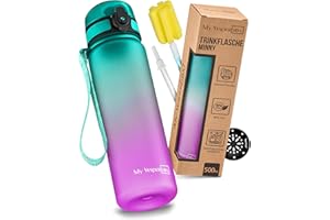 My Vesperbox Minny butelka na napoje dla dzieci, szczelna, ze słomką lub sitkiem, 350 ml, 500 ml, 750 ml, lekka, z tritanu, bez BPA, do przedszkola, szkoły (fioletowo-zielona, 500 ml)