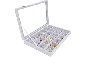 BELLE VOUS Bandeja Joyas Terciopelo Gris Expositor de Joyas 24 Secciones y Tapa de Vidrio – Organizador Joyas Cajones Apilable Secciones Ajustables para Collares, Brazaletes, Pendientes y Relojes