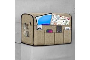 Joywell Anti-Slip Armrest Covers & Organiser with 6 Pockets for Sofa Couch, Armchair Caddy for Remote Control, Phone, iPad, Recliner Arm Protector for Pets, Durable Linen Slipcover, Set of 2, Khaki
