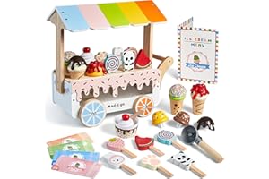 MEDOGA Carrello per Gelato in Legno Con Giocattoli, Camion di Cibo per Fingere di Giocare, Accessori da Cucina Con Ghiacciolo, Paletta e Menù, Regalo per Ragazze