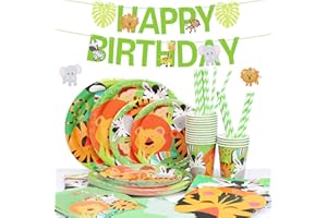 Kit Festa Compleanno Animali della Giungla, MOOKLIN ROAM Tavola Party Addobbi Inclusi Tovaglioli, Striscioni, Piatti, Bicchieri, Tovaglia, Bambini Compleanno Party Set per 16 Ospiti, 114pz