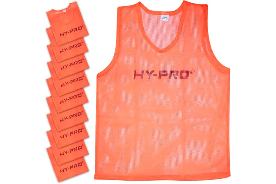 Hy-Pro Training Bibs, Pack of 10, Large Size, Orange Mesh, Sports Practice Vests, Lightweight, Breathable, Football Rugby Sports Bibs, Training Equipment