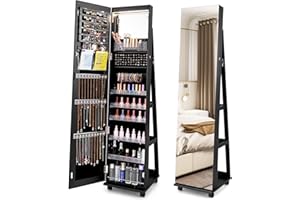 COSTWAY 360° Swivel Jewellery Cabinet, 3-Color LED Lights Lockable Jewelry Armoire with Full Length Mirror, Large Storage and Wheels, Mobile Freestanding Jewellery Organiser Unit Gift (Black)