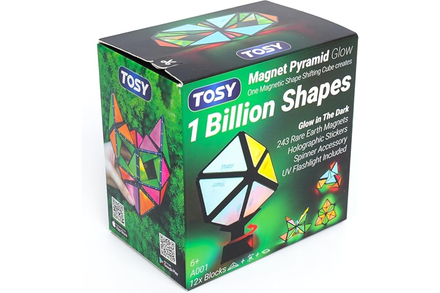 TOSY Magnet Pyramid Glow - 1 Cube Transforms into 1 Billion Shapes (Bunny, Egg Basket, Flowers, Heart), Easter Birthday Gift, 12 pcs, 243 Magnets, Glowing, Holographic Design, Puzzle/STEM Toy
