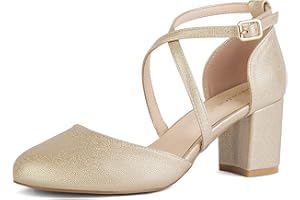 Greatonu Bombas con Correa en el Tobillo para Mujer, Tacón en Bloque, Correas Cruzadas y Puntera Cerrada para Bodas y Fiestas