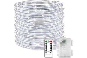 KINGCOO LED Rope Fairy Lights, Battery Operated Tube String Lights with Remote Control Timer 8Modes for Trampoline Camping Tent Indoor Outdoor Garden Wedding Christmas Decor (White, 10M 100LED)