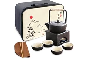 fanquare Chiński zestaw do herbaty Kungfu z podgrzewaczem herbaty, czarny porcelanowy dzbanek do herbaty, zestaw 4 filiżanek, podróżny zestaw do herbaty z torbą