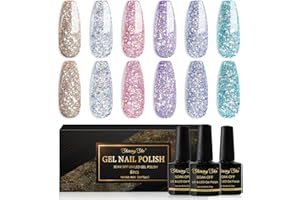 Shining She Lakier do paznokci UV, 6 kolorów, żelowy lakier do paznokci, brokat, złoty, srebrny, różowy, fioletowy, morska zieleń, błyszczący lakier żelowy Shellack, Soak-Off, zestaw dla