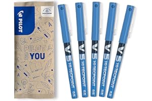 PILOT Caja de 5 V5 - Bolígrafos roller con tinta líquida - Punta de aguja Fina para Escritura Suave y Precisa - Secado rápido, antimanchas - Azul - Punta Fina (0,5mm)
