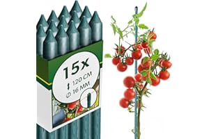 KADAX Lot de 15 Tuteurs en Acier avec revêtement - 120 cm x 16 mm - Tuteur pour Plantes - Résistant aux intempéries - Tuteur à tomates avec Crochet