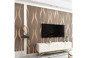 Baketron Brown Wallpaper Gold Glitter Textured 3D Effect Embossed Wallpapers Taupe Wave Stripes Wall Paper Roll Modern Feature for Living Room Bedroom Adults Hallway Kitchen Front Room