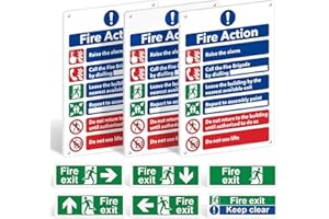 DETAILING GARAGE Fire Safety Signs Pack of 9 - Fire Action Notice Sign - 1mm Rigid Plastic - 300 x 200mm, Exit Sticker, Keep Clear - Self-Adhesive Vinyl Emergency Exit Signage, Matte Finish