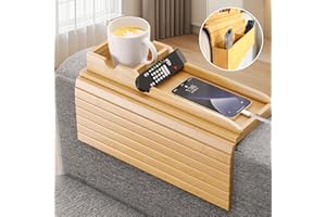 CUPEOHOME Sofa Arm Tray, Foldable Anti-Slip Wooden Couch Armrest Tray with Side Storage Pocket and Phone Holder, Square Sofa Armrest Table for Drinks, Snack, Magazine, and Remote