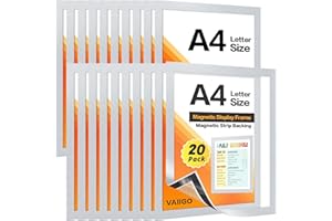 VAIIGO Lot de 20 porte-panneaux magnétiques A4 pour réfrigérateur, cadres d'affichage magnétiques pour tableaux blancs et surfaces métalliques, cadre photo, support pour papier documentaire, Argent