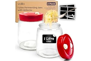 volila Jar de Fermentación de 1 Litro con Esclusa de Aire, Etiquetas Impermeables y Bolígrafo - Pack de 2 Tarros de Fermentación Utilizados como Contenedor de Kimchi, Kombucha y Tarro para Sourdough