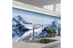 KitchenYeah© Paraschizzi Cucina Adesivo 60x200 cm Pannello Parete Paraspruzzi Muro Decorativo Paesaggio - Montagne - Neve - Bianco