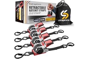 Strapinno Retractable Ratchet Straps 1 in x 10 ft, Secure Tie-Downs with Rubber-Coated Steel Handles, S-Hooks & Durable Hardware, for Motorcycle, Jetski, kayak, Breaking Strength 1,500LBS/680KG (4PCS)