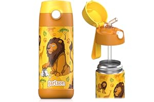 Jarlson® Trinkflasche Kinder Edelstahl Charli [MIT STROHHALM] - Thermosflasche Auslaufsicher - Thermoskanne - Water Bottle Kids - Thermo Trink Flasche für Schule & Kindergarten (350ml, Löwe 2)