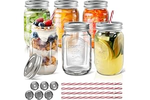 Myiosus Mason Jars with Lids, 6pcs Wide Mouth Glass Mason Jar, 480ml Overnight Oats Jar Glass Canning Jars for Preserving Jam Smoothies Candies, Send 12 Airtight Metal Lids and 6 Straws