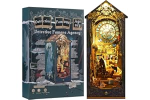 QUANQUER Book Nook DIY Kit de détective 3D Puzzle en Bois Miniature Maison de poupée Bibliothèque Décor Bureau de Book nok avec lumière LED et Meubles Cadeau créatif pour Adultes Adolescents