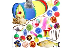 VIPNAJI Giochi per Gatti, Giocattoli 30 Pezzi Gioco Gatto da Interno Set, Giocattoli Interattivi per Gatti con Tunnel per Gatti, Campane, piume, pesce di sisal, topo di cotone, palline ecc.