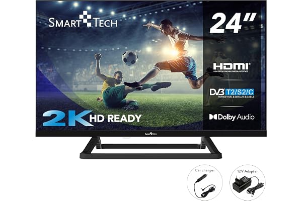 Smart Tech 24HN01V3CA HD LED TV 24 Pouces (60cm) Triple Tuner Dolby Audio H.265 HDMI USB, Résolution: 1366 (H) × 768 (V); Chargeur 12 Volts