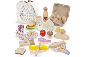 KidMigo Kaufladen Zubehör, 47 Stück Kinderküche Zubehör Holz, Zubehör Kinderküche mit Eiern, Kaufladen Zubehör Holz mit Stoffbeutel, Spielküche mit Klettverschluss, Holzspielzeug ab 3 Jahre