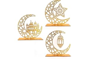 QBEJIME 3 Pieces Ramadan Decorations, Eid Mubarak Decorations For Home, Wood Table Eid Decoration gifts, Moon Hollow Star Lanterns Eid Table Decoration For Muslim Islamic Party Tabletop Decor