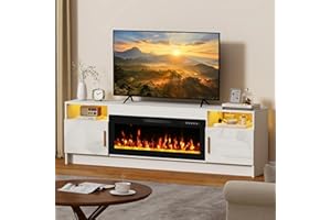 QUINIVER 70 Inch Electric Fireplace TV Stand with 36 Inch Fireplace for up to 80 Inch TVs, 12 Flame Colors & 20-Color LED Lights, with Extra Large Storage Space, UKCA Certified for UK Living Rooms, White