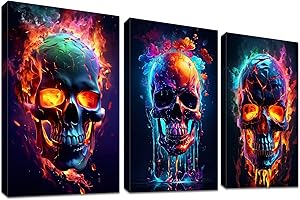 HALFLEMART 3 Pcs Cadre en Bois Impression sur Toile Crâne en Feu Tableau Affiche Decoration Murale Crâne de Fleurs Mystérieuses Peinture Image sur Toile Tableau Decoration Murale Salon Chambre 40x60cm x3pcs