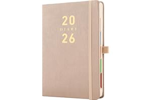 Mljtoyo 2026 Diary A5 Page a Day,Daily Planner 2026 Appointment from Jan to Dec 2026,Organiser Hardcover with Color Tabs,Pen Holder,Inner pocket,400 Ivory Thick Pages,Gold