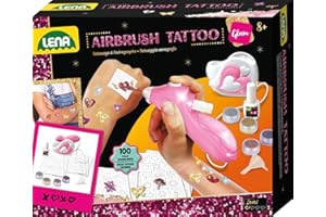 Lena 42443 - Airbrush Tattoo Studio mit 100 Schablonen und 4 Glitter Farben, Sprüh Set für Glitzer Tattoos auf der Haut, Spraystift Station für bunte Kindertattoos, Tattooset für Kinder ab 8 Jahren