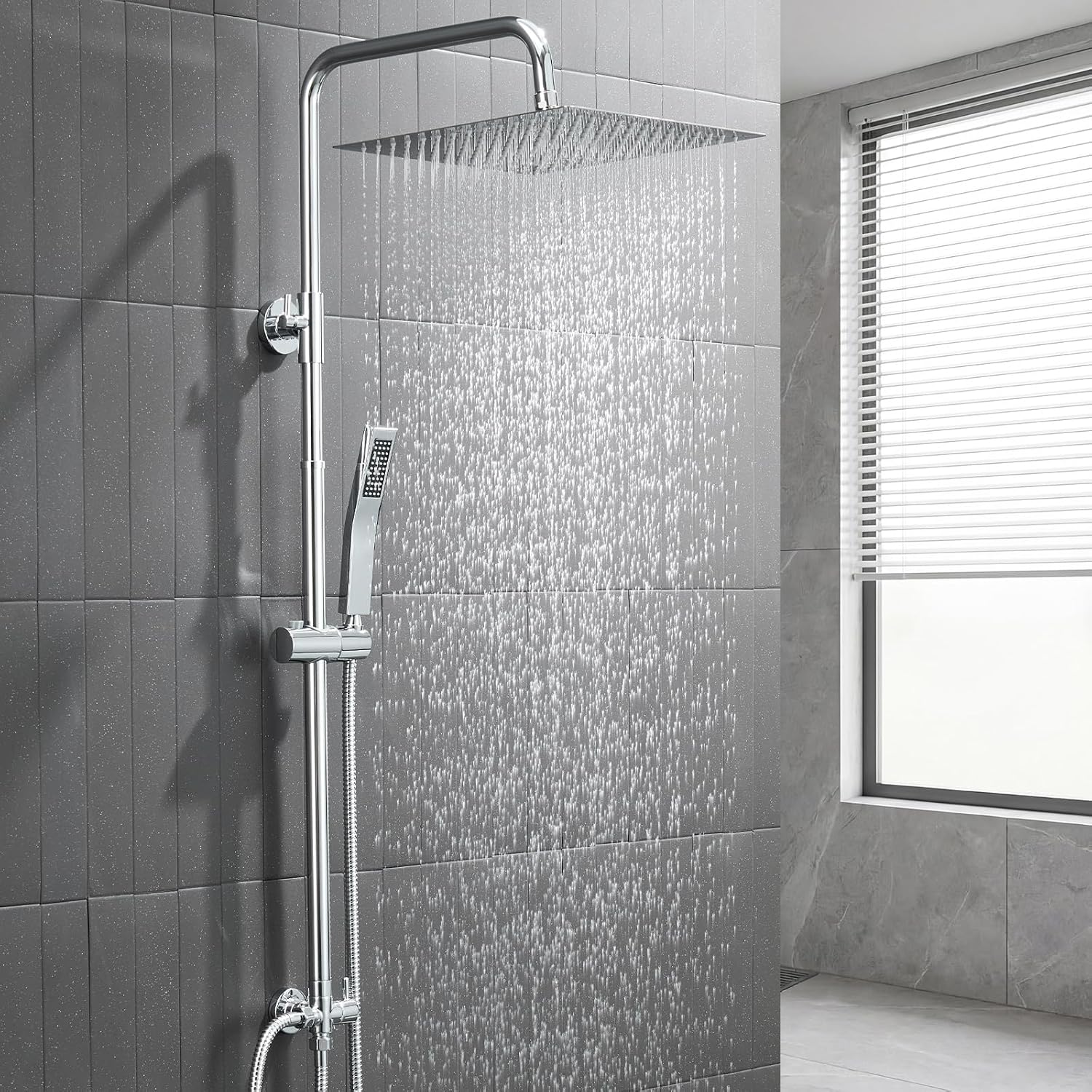 Auralum Columna Ducha sin Grifo, Set de Ducha con Cabezal de Ducha Lluvia 30×30 cm Cuadrado Acero Inoxidable, Alcachofa, Barra de Ducha Altura Regulable 68-108cm,válvula desviadora de Latón,Cromo