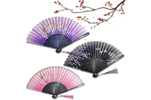 VIEXPAND Handheld Faltfächer, 3 Stück Faltbare Handfächer, Chinesischen Stil Hand Fächer Mit Quasten, Bambus Handheld Faltfächer Chinesische Folding Fans, Wanddekoration und Geschenke(Schwarz, Rosa, Lila)