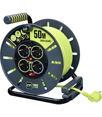 Enrouleur De Câble Masterplug Pro-XT 50 M - Rallonge 3 Prises IP55, Câble Haute Visibilité