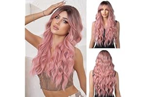 OUFEI Parrucca Rosa Ombre per Donna Parrucca Lunga Riccia con Frangia Capelli Sintetici Parrucche Resistenti Al Calore per La Festa Quotidiana Cosplay Wear