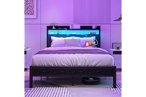 VERFARM 4ft6 Double Size Bed Frame with LED Lights Storage Upholstered Headboard and Charging Station, Solid Metal Platform Bed Double Size, No Box Spring Needed, Noise Free