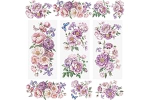 WANDIC 3 Hojas de Pegatinas de Flores para Muebles, Calcomanías de Transferencia de Ensueño Moradas Laminas Transfer para Gabinete Ventana de Álbumes de Recortes, 15 x 30 cm
