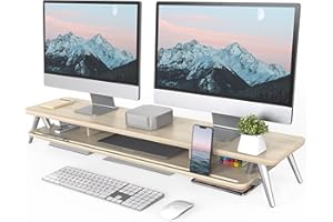 Fenge Supporto Monitor Doppio in Legno, Supporto per Monitor a 2 Strati con Ampio Spazio di Archiviazione e Supporto per Telefono/Tablet 108x23,5x14,5cm Rovere