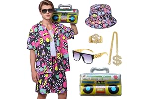 Antsparty Déguisement Année 80 Homme Femme, Costume Annee 80 Rétro Manches Courtes et Shorts avec Le Chapeau Accessoires Disco, Costume Années 80 Survêtement Carnaval Disco Soirée