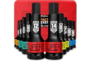 KIRXST Juego de Vasos Hexagonales de lmpacto 1/2", 5 mm - 19 mm, 10 Piezas Juego Llaves de Vasos Allen de Impacto para Reparación de Automóviles, Métricas