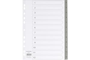 ‎PLASTOREG 5er Set 12-teiliges Register/Trennblätter aus PP, DIN A4 mit Zahlen 1-12, volldeckend + praktischem Deckblatt aus stabilem Papier zum Beschriften. Trenn-Blätter für die Ordner-Organisation im Büro
