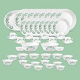 La Opala Diva Classique Collection Opal Glass Crockery | for Family of 8 | Dinner Set 53 pcs Olive Trails | Plates, Bowls & Cups for Dining | Microwav