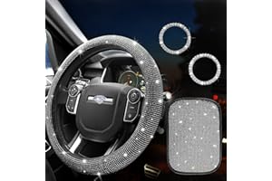 Yumzeco Bling Steering Wheel Cover,Sparkly Steering Wheel Cover,Crystal Steering Wheel Cover Set with 1 PCS Diamante Wheel Cover,Bling Console Cover Bling Armrest Protector,2 PCS Bling Ignition Rings